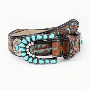 NWT Western Concha Belt with Turquoise Inserts Brown Vegan Leather Western Belt